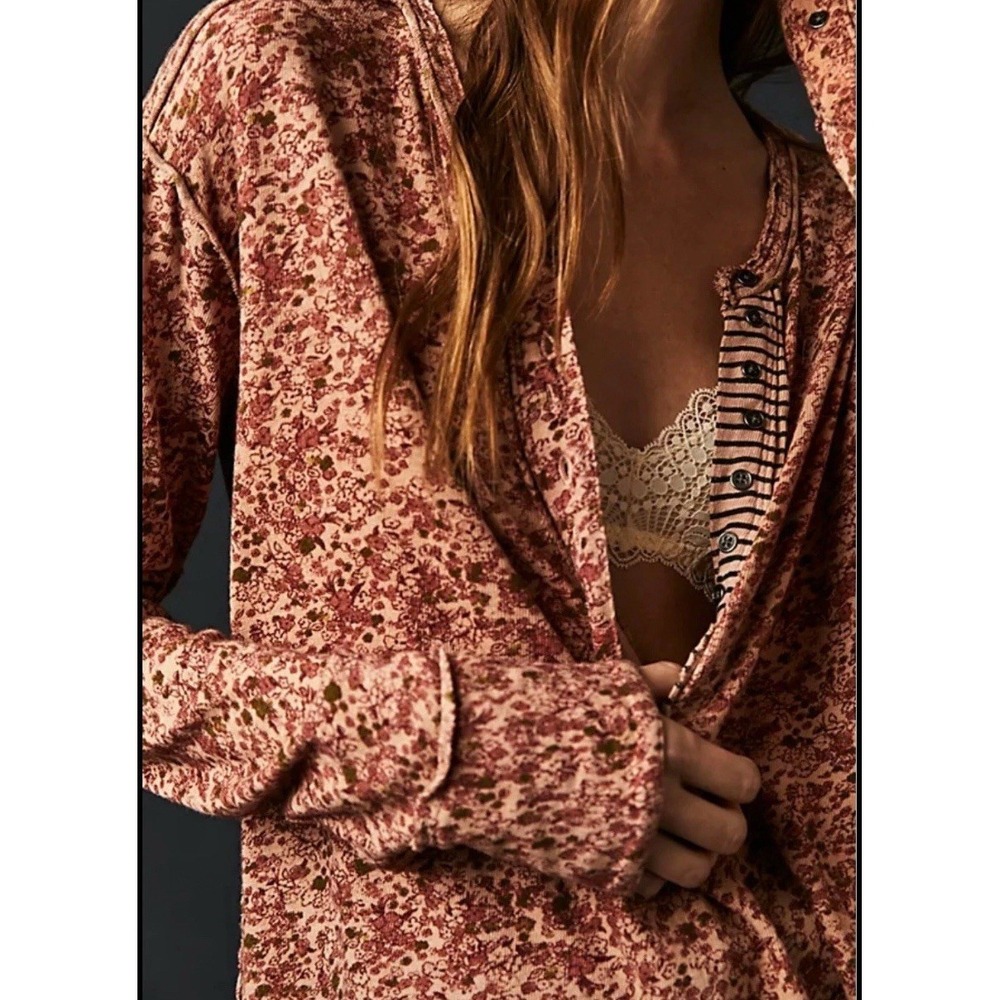 We The Free People Floral Henley Top Mauve Pink Cottagecore Girly Cotton XS